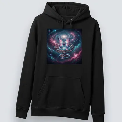 Illustration of a cosmic butterfly surrounded by mechanical planetarium gears in purple and pink hues. — printed on a unisex hoodie