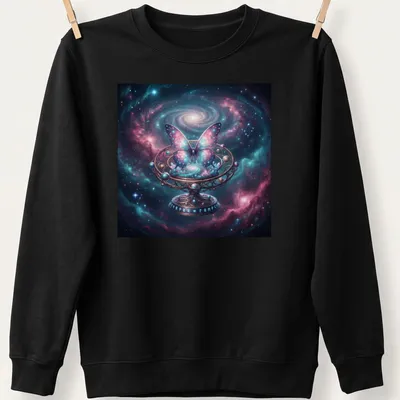 Illustration of a cosmic butterfly surrounded by mechanical planetarium gears in purple and pink hues. — printed on a unisex sweatshirt