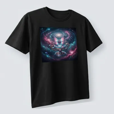 Illustration of a cosmic butterfly surrounded by mechanical planetarium gears in purple and pink hues. — printed on a unisex t-shirt (angled view)