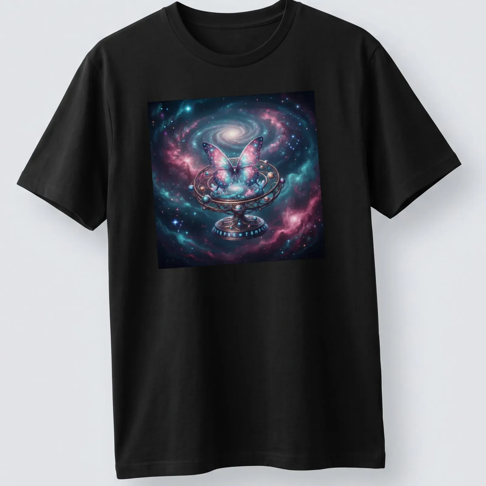 Illustration of a cosmic butterfly surrounded by mechanical planetarium gears in purple and pink hues. — printed on a unisex t-shirt