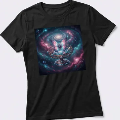 Illustration of a cosmic butterfly surrounded by mechanical planetarium gears in purple and pink hues. — printed on a women's shirt