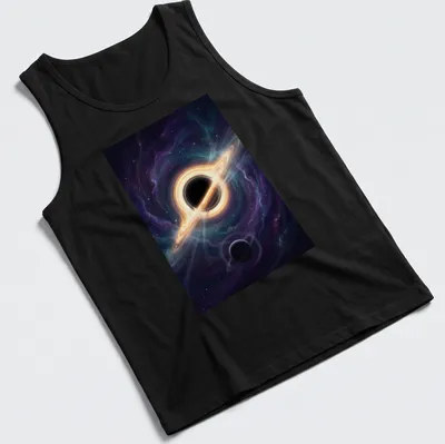 Black hole with rings and planets illustrated in digital art style — printed on a tank top