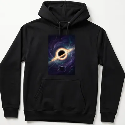 Black hole with rings and planets illustrated in digital art style — printed on a unisex hoodie