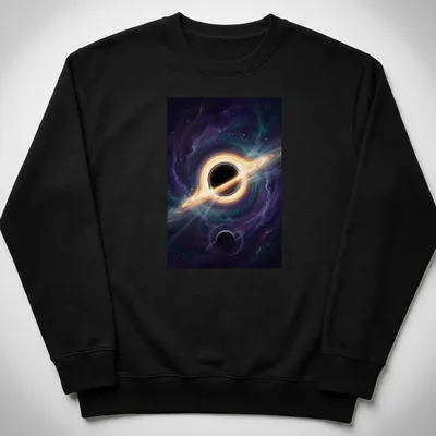 Black hole with rings and planets illustrated in digital art style — printed on a unisex sweatshirt