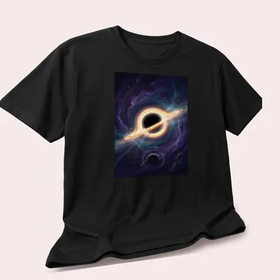 Black hole with rings and planets illustrated in digital art style — printed on a unisex t-shirt (angled view)