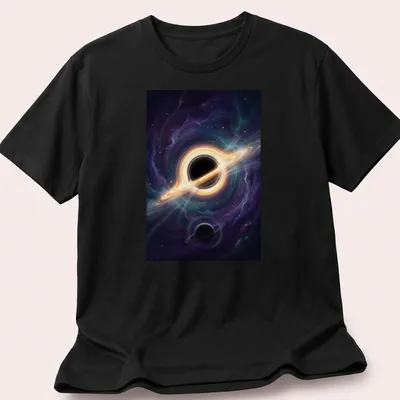 Black hole with rings and planets illustrated in digital art style