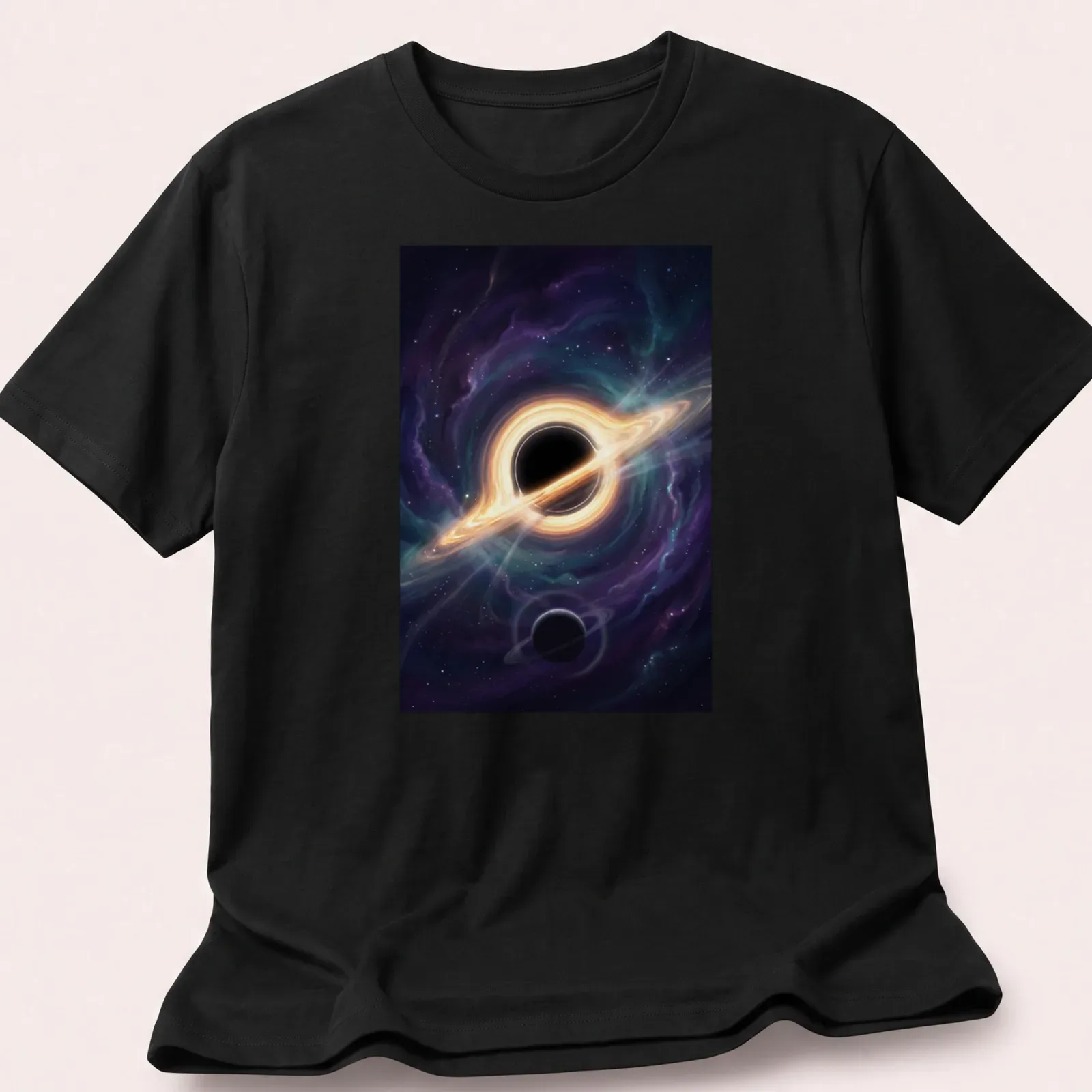 Black hole with rings and planets illustrated in digital art style — printed on a unisex t-shirt