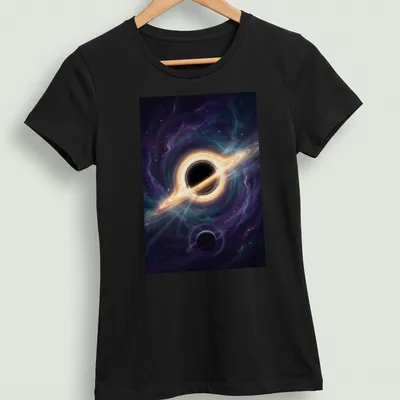 Black hole with rings and planets illustrated in digital art style — printed on a women's shirt