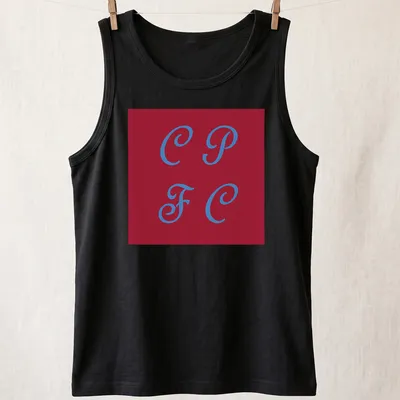 Modern minimalist CPFC logo t-shirt in red and blue with bold lettering — printed on a tank top