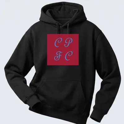 Modern minimalist CPFC logo t-shirt in red and blue with bold lettering — printed on a unisex hoodie