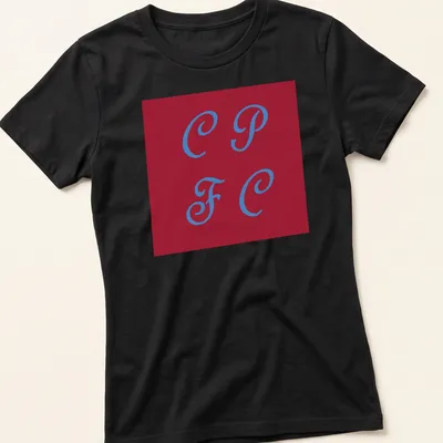 Modern minimalist CPFC logo t-shirt in red and blue with bold lettering — printed on a women's shirt