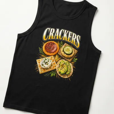 Vibrant illustration of crackers with toppings and the text 'CRACKERS' — printed on a tank top
