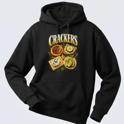 Vibrant illustration of crackers with toppings and the text 'CRACKERS' — printed on a unisex hoodie