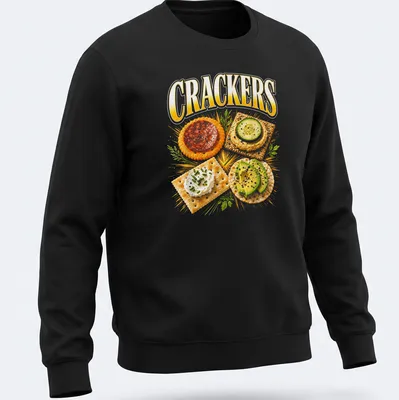 Vibrant illustration of crackers with toppings and the text 'CRACKERS' — printed on a unisex sweatshirt