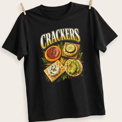 Vibrant illustration of crackers with toppings and the text 'CRACKERS'