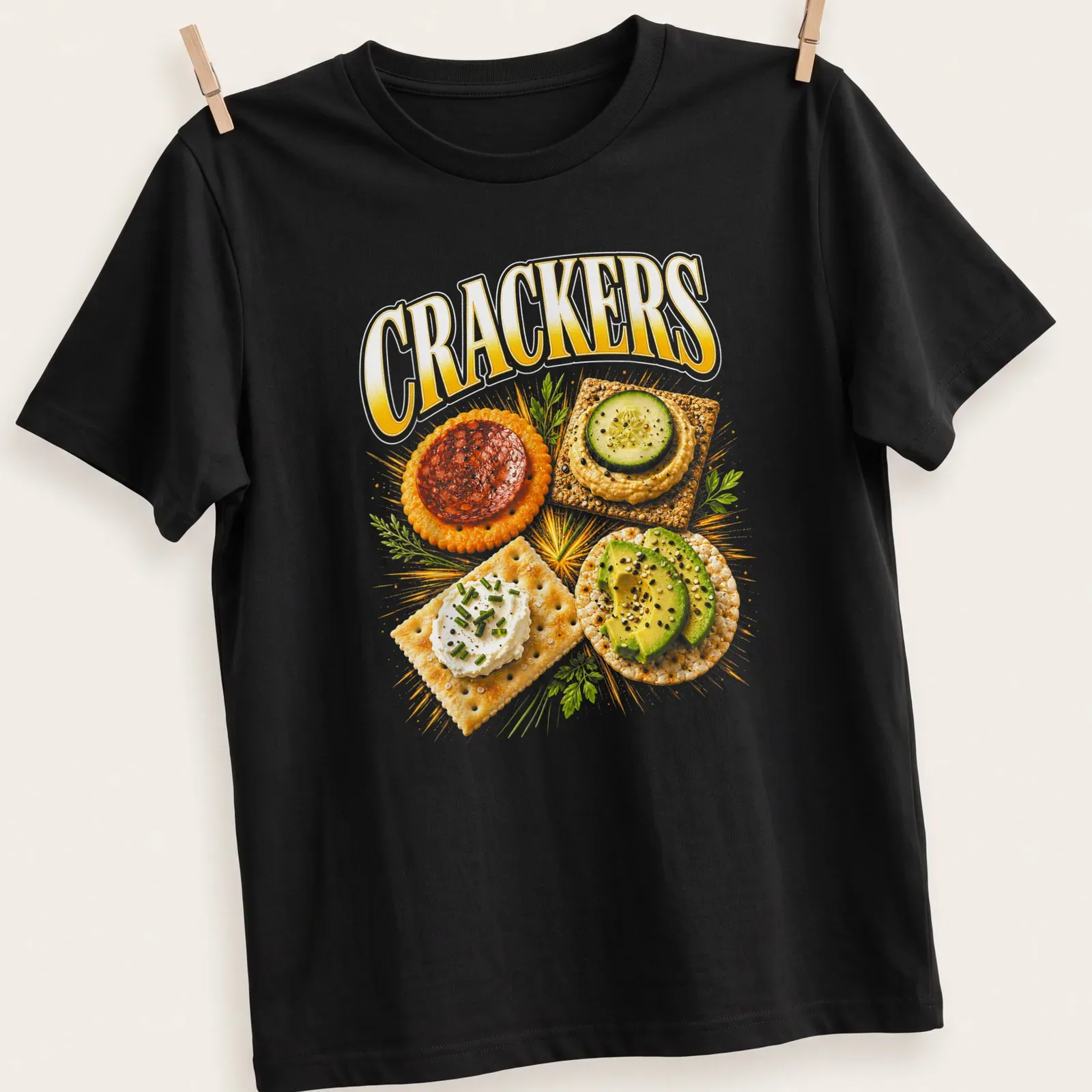 Vibrant illustration of crackers with toppings and the text 'CRACKERS' — printed on a unisex t-shirt
