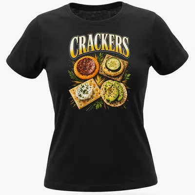 Vibrant illustration of crackers with toppings and the text 'CRACKERS' — printed on a women's shirt