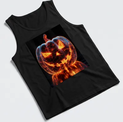 Digital art of a glowing pumpkin in orange and black for Halloween — printed on a tank top