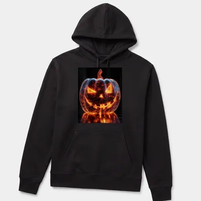 Digital art of a glowing pumpkin in orange and black for Halloween — printed on a unisex hoodie