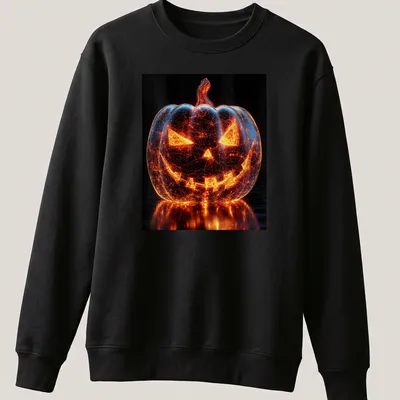 Digital art of a glowing pumpkin in orange and black for Halloween — printed on a unisex sweatshirt
