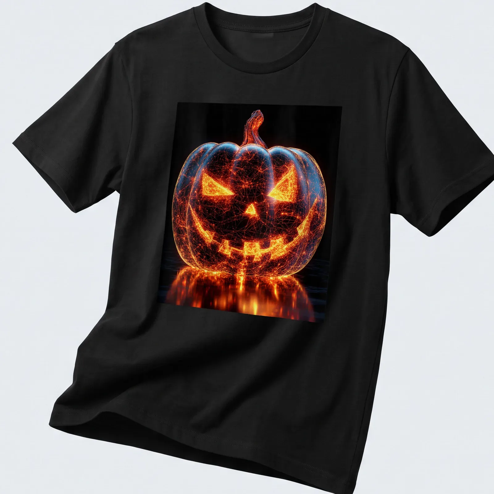 Digital art of a glowing pumpkin in orange and black for Halloween — printed on a unisex t-shirt