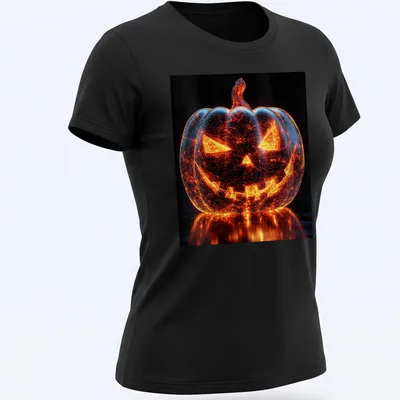 Digital art of a glowing pumpkin in orange and black for Halloween — printed on a women's shirt