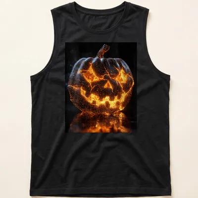 3D wireframe glowing pumpkin design on Halloween T-shirt in orange and gray — printed on a tank top