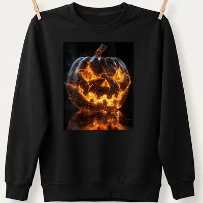 3D wireframe glowing pumpkin design on Halloween T-shirt in orange and gray — printed on a unisex sweatshirt