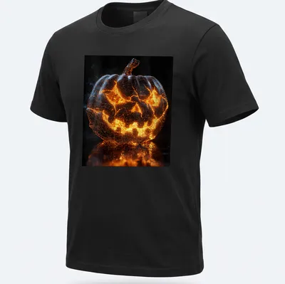 3D wireframe glowing pumpkin design on Halloween T-shirt in orange and gray
