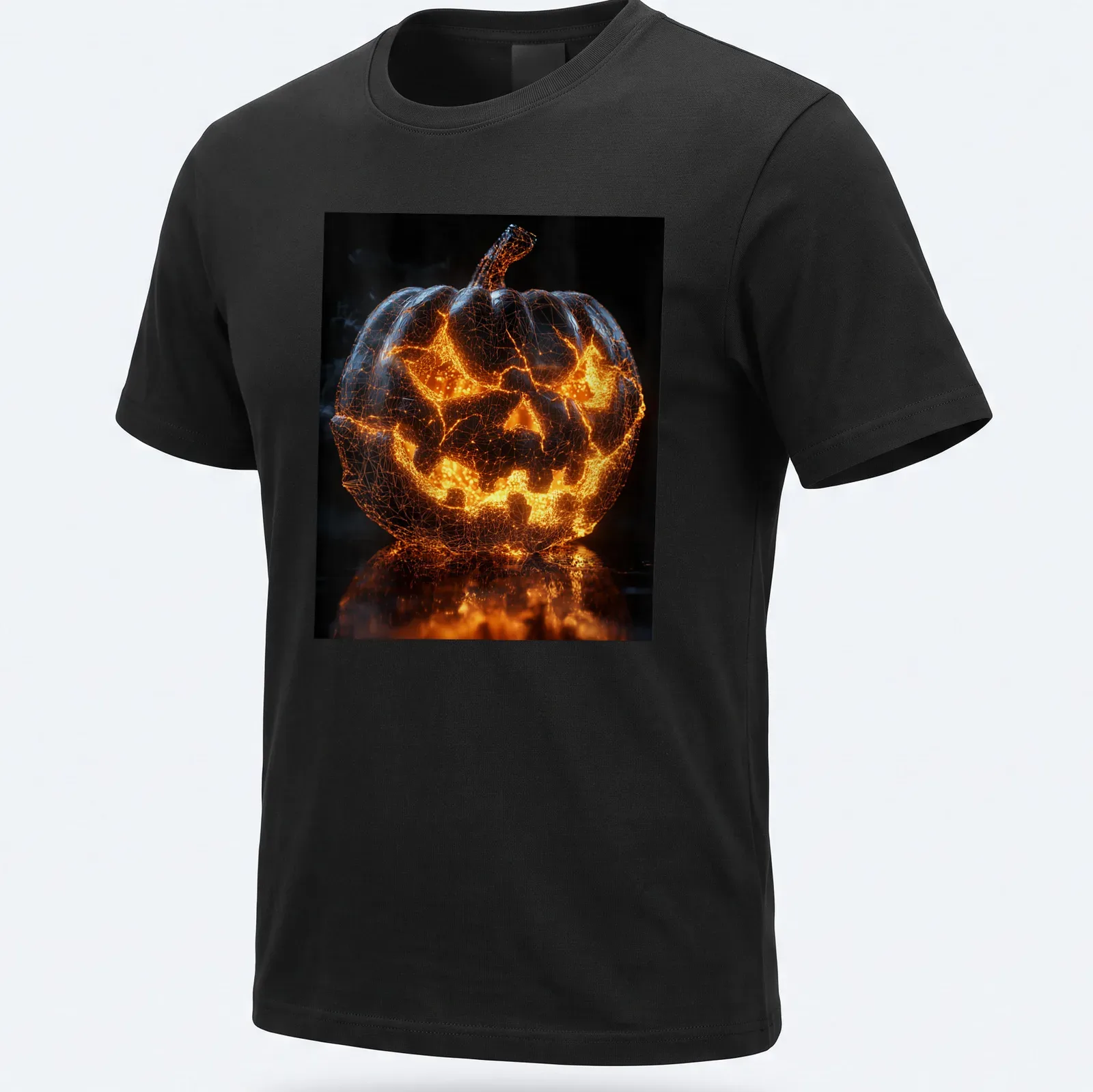 3D wireframe glowing pumpkin design on Halloween T-shirt in orange and gray — printed on a unisex t-shirt