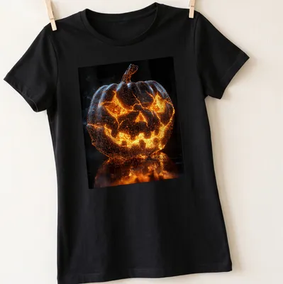 3D wireframe glowing pumpkin design on Halloween T-shirt in orange and gray — printed on a women's shirt