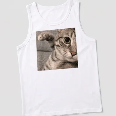 Photographic print of a curious tabby cat with intricate fur patterns — printed on a tank top