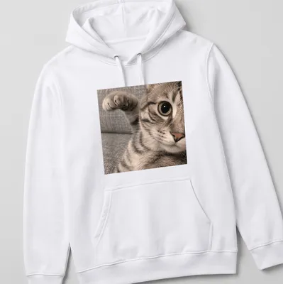 Photographic print of a curious tabby cat with intricate fur patterns — printed on a unisex hoodie