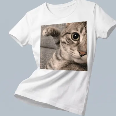 Photographic print of a curious tabby cat with intricate fur patterns — printed on a women's shirt