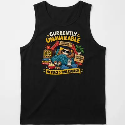 Cartoon sloth t-shirt with humorous text about peace and relaxation — printed on a tank top