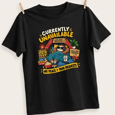 Cartoon sloth t-shirt with humorous text about peace and relaxation