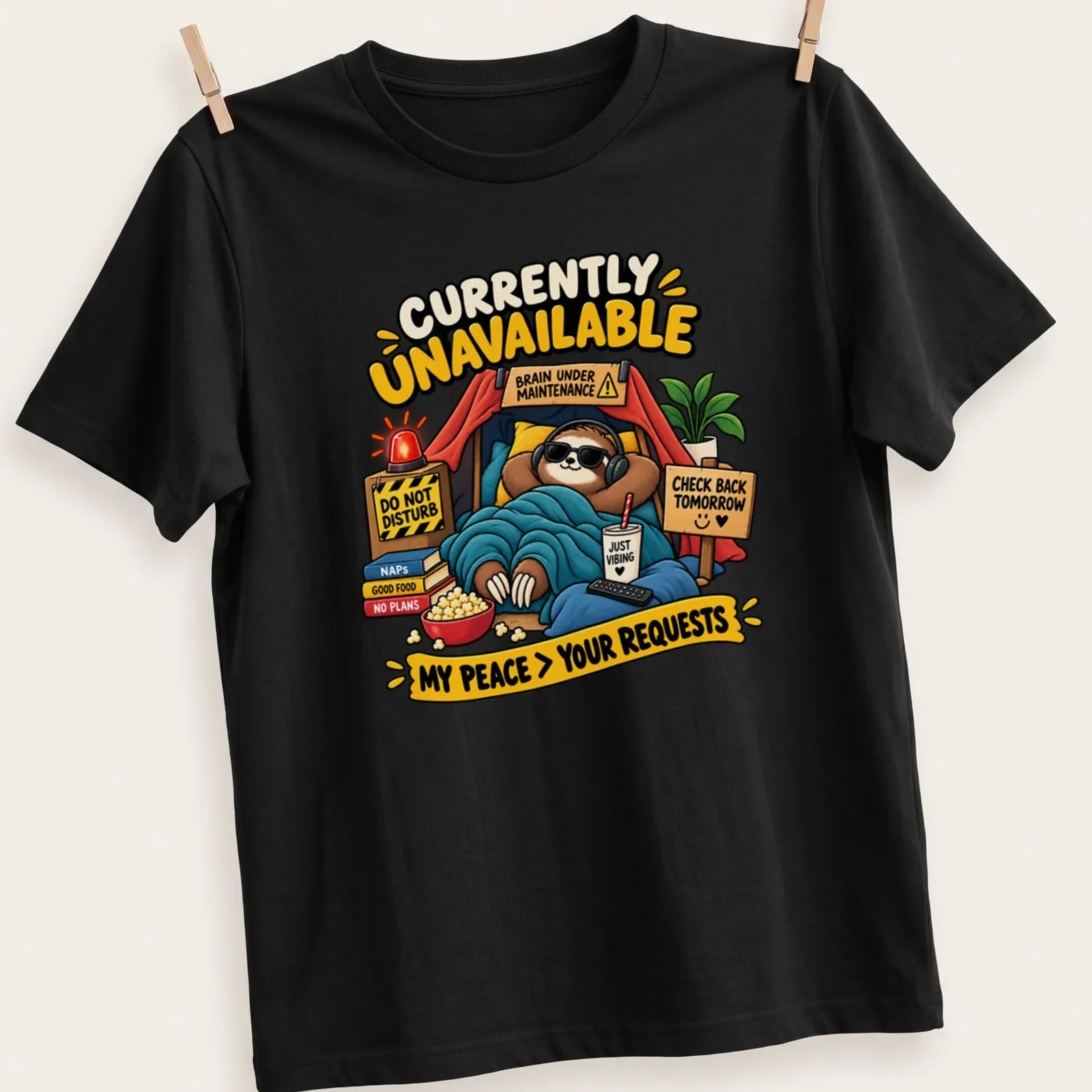 Cartoon sloth t-shirt with humorous text about peace and relaxation — printed on a unisex t-shirt