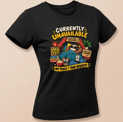 Cartoon sloth t-shirt with humorous text about peace and relaxation — printed on a women's shirt