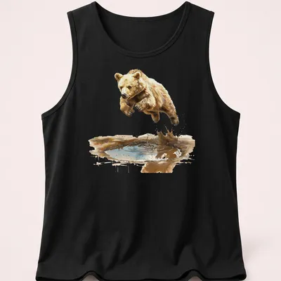 Watercolor graphic of a cute bear cub jumping over water — printed on a tank top