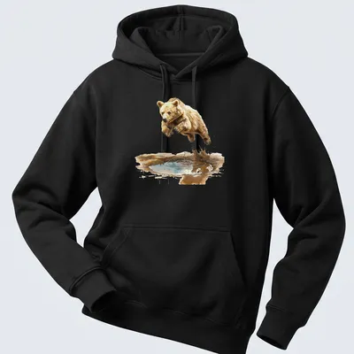 Watercolor graphic of a cute bear cub jumping over water — printed on a unisex hoodie