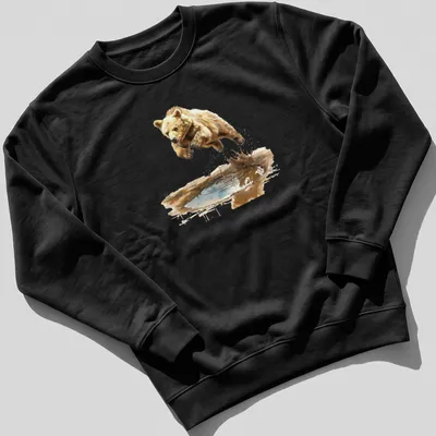 Watercolor graphic of a cute bear cub jumping over water — printed on a unisex sweatshirt