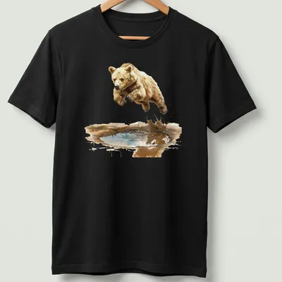 Watercolor graphic of a cute bear cub jumping over water