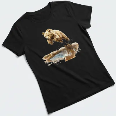 Watercolor graphic of a cute bear cub jumping over water — printed on a women's shirt