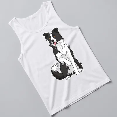 Cartoon illustration of a cute Border Collie sitting in black, white, brown, and orange colors. — printed on a tank top