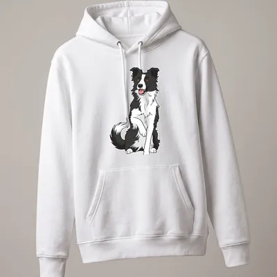 Cartoon illustration of a cute Border Collie sitting in black, white, brown, and orange colors. — printed on a unisex hoodie