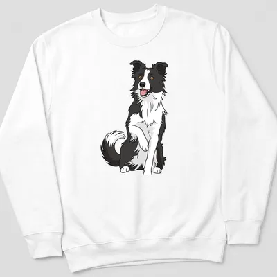 Cartoon illustration of a cute Border Collie sitting in black, white, brown, and orange colors. — printed on a unisex sweatshirt
