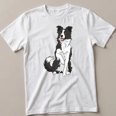 Cartoon illustration of a cute Border Collie sitting in black, white, brown, and orange colors.