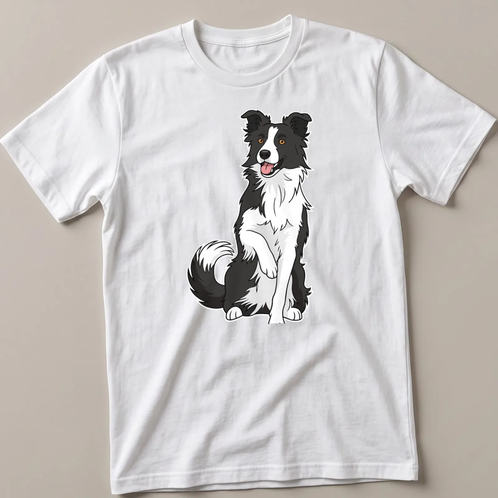 Cartoon illustration of a cute Border Collie sitting in black, white, brown, and orange colors. — printed on a unisex t-shirt