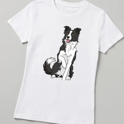 Cartoon illustration of a cute Border Collie sitting in black, white, brown, and orange colors. — printed on a women's shirt
