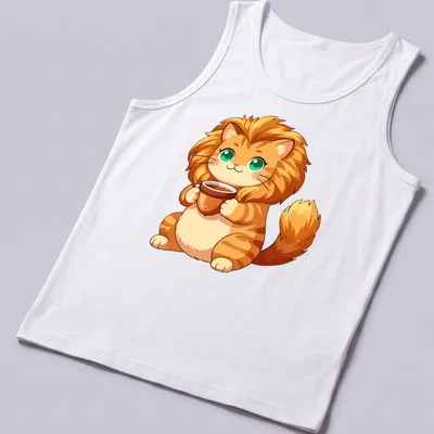 Kawaii cat holding an acorn-shaped teacup in soft colors — printed on a tank top